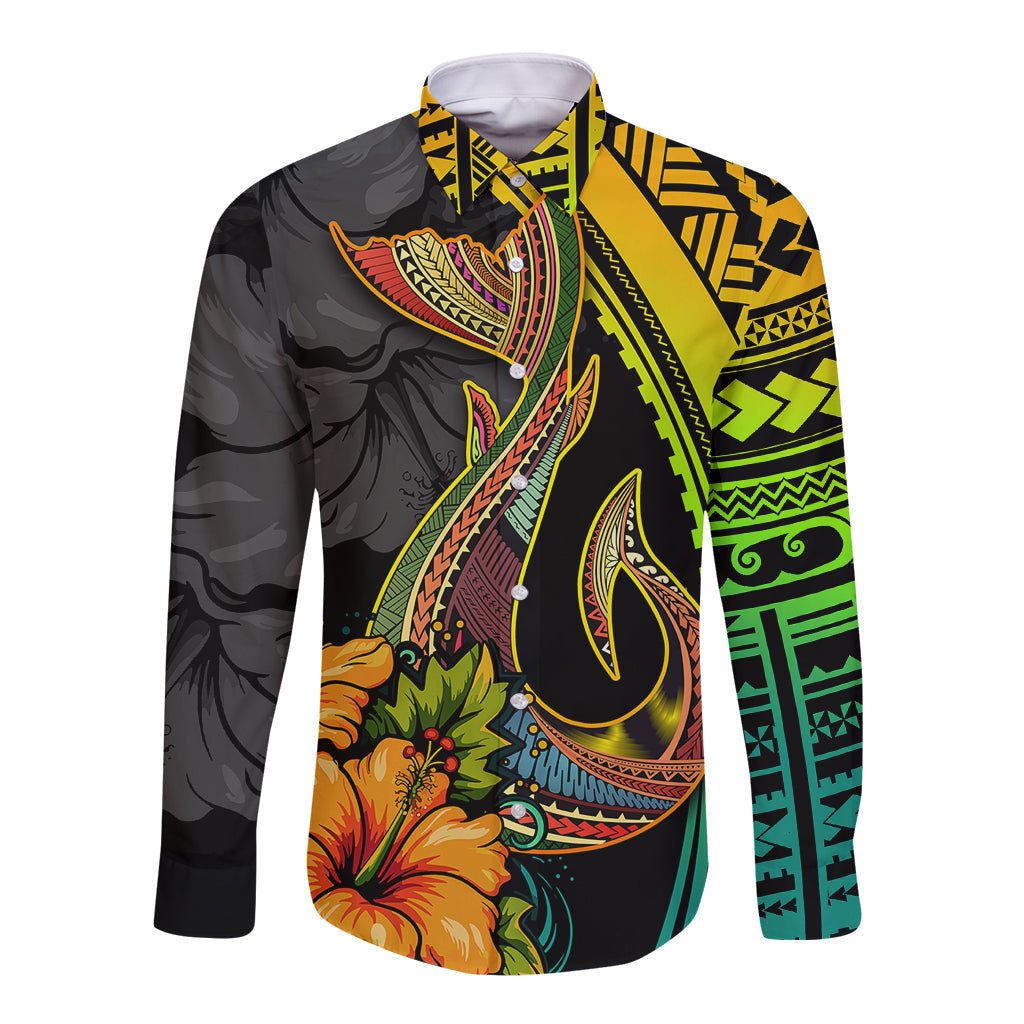 Hawaii Long Sleeve Button Shirt Polynesian Fish Hook and Hibiscus Flowers with Gradient Pattern - Wonder Print Shop