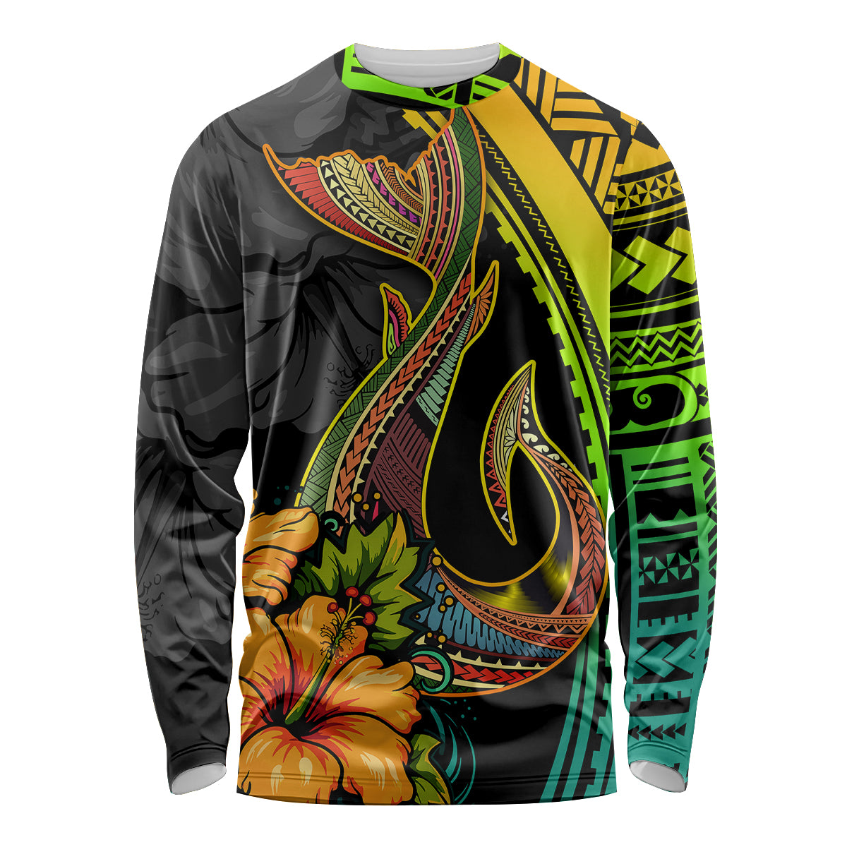 Hawaii Long Sleeve Shirt Polynesian Fish Hook and Hibiscus Flowers with Gradient Pattern - Wonder Print Shop