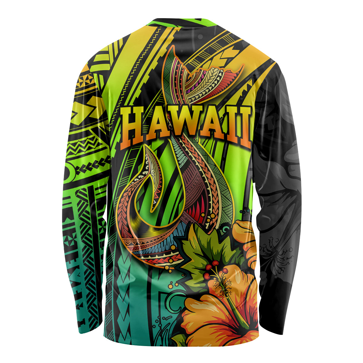 Hawaii Long Sleeve Shirt Polynesian Fish Hook and Hibiscus Flowers with Gradient Pattern - Wonder Print Shop