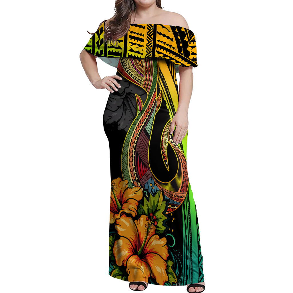 Hawaii Off Shoulder Maxi Dress Polynesian Fish Hook and Hibiscus Flowers with Gradient Pattern - Wonder Print Shop