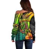 Hawaii Off Shoulder Sweater Polynesian Fish Hook and Hibiscus Flowers with Gradient Pattern - Wonder Print Shop