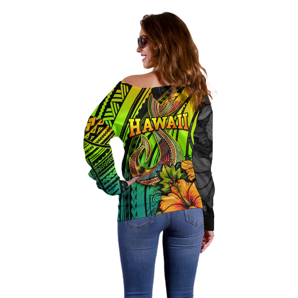 Hawaii Off Shoulder Sweater Polynesian Fish Hook and Hibiscus Flowers with Gradient Pattern - Wonder Print Shop