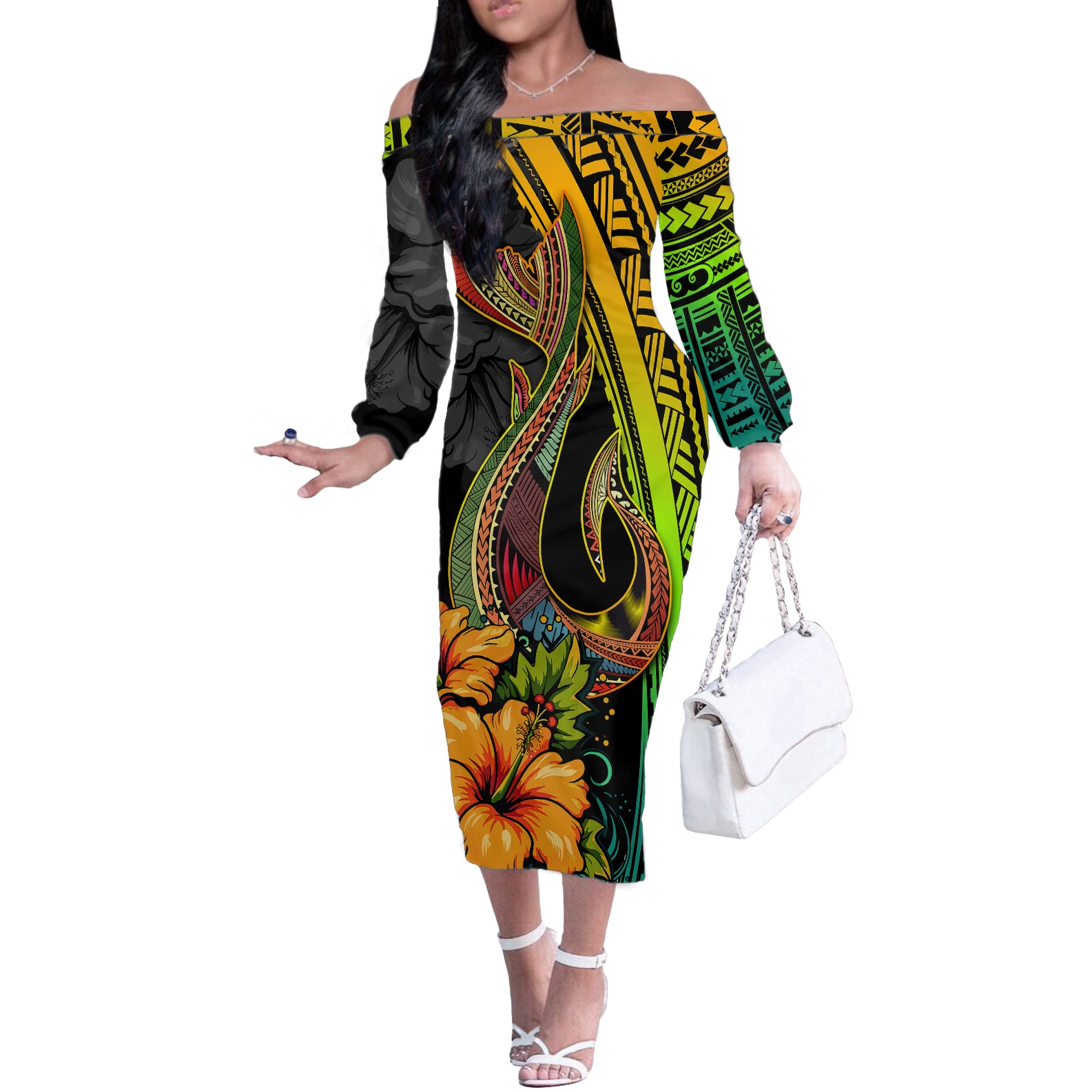 Hawaii Off The Shoulder Long Sleeve Dress Polynesian Fish Hook and Hibiscus Flowers with Gradient Pattern - Wonder Print Shop