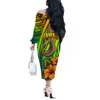 Hawaii Off The Shoulder Long Sleeve Dress Polynesian Fish Hook and Hibiscus Flowers with Gradient Pattern - Wonder Print Shop