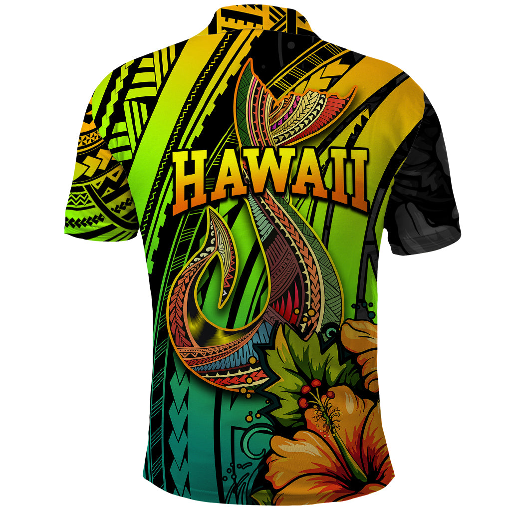 Hawaii Polo Shirt Polynesian Fish Hook and Hibiscus Flowers with Gradient Pattern - Wonder Print Shop