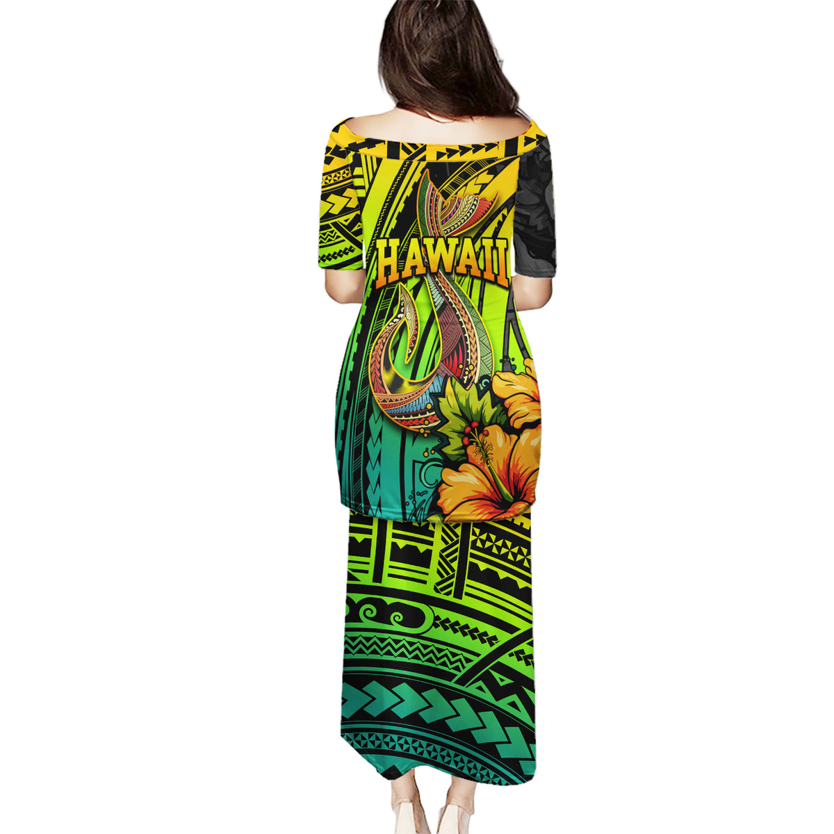 Hawaii Puletasi Polynesian Fish Hook and Hibiscus Flowers with Gradient Pattern - Wonder Print Shop