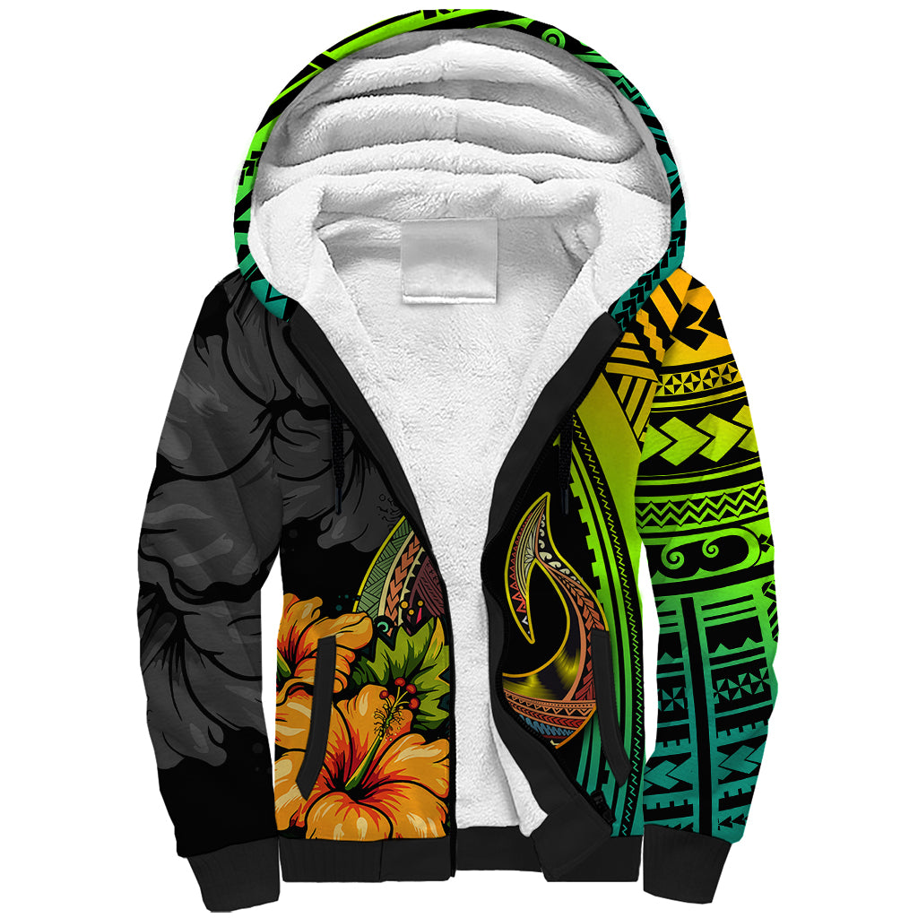 Hawaii Sherpa Hoodie Polynesian Fish Hook and Hibiscus Flowers with Gradient Pattern - Wonder Print Shop