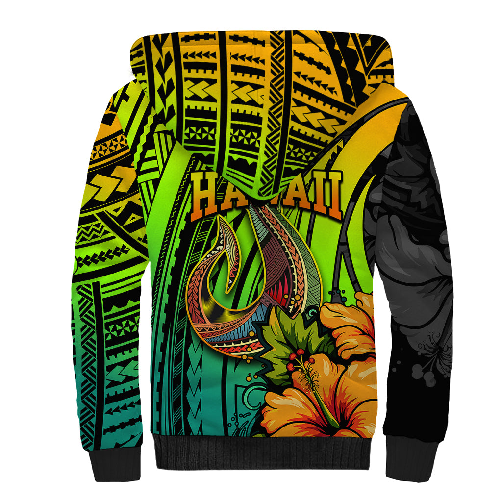 Hawaii Sherpa Hoodie Polynesian Fish Hook and Hibiscus Flowers with Gradient Pattern - Wonder Print Shop