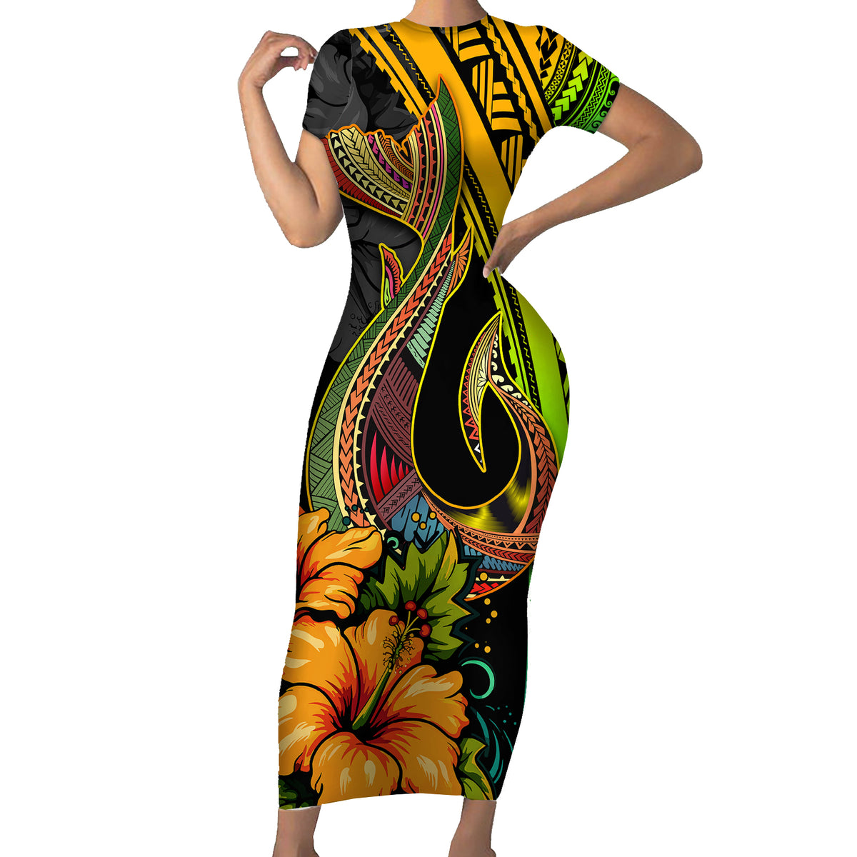 Hawaii Short Sleeve Bodycon Dress Polynesian Fish Hook and Hibiscus Flowers with Gradient Pattern - Wonder Print Shop