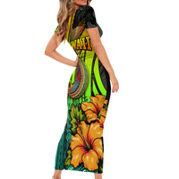 Hawaii Short Sleeve Bodycon Dress Polynesian Fish Hook and Hibiscus Flowers with Gradient Pattern - Wonder Print Shop