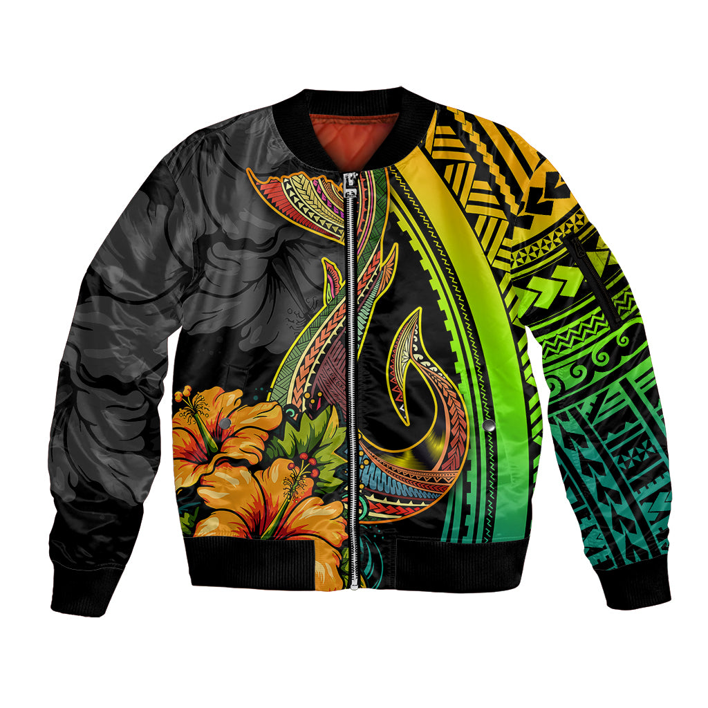 Hawaii Sleeve Zip Bomber Jacket Polynesian Fish Hook and Hibiscus Flowers with Gradient Pattern - Wonder Print Shop