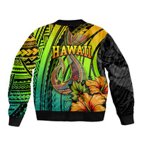 Hawaii Sleeve Zip Bomber Jacket Polynesian Fish Hook and Hibiscus Flowers with Gradient Pattern - Wonder Print Shop