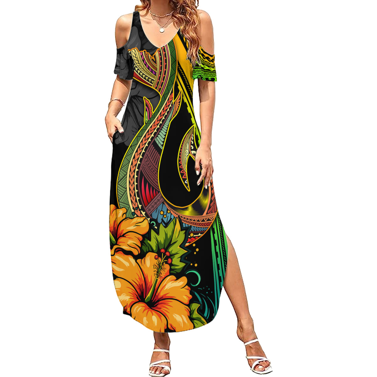 Hawaii Summer Maxi Dress Polynesian Fish Hook and Hibiscus Flowers with Gradient Pattern - Wonder Print Shop