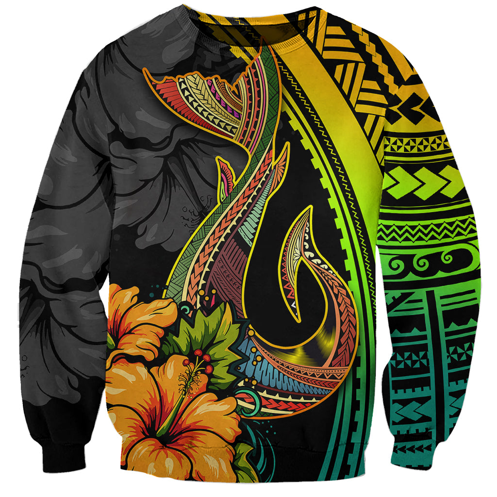 Hawaii Sweatshirt Polynesian Fish Hook and Hibiscus Flowers with Gradient Pattern - Wonder Print Shop