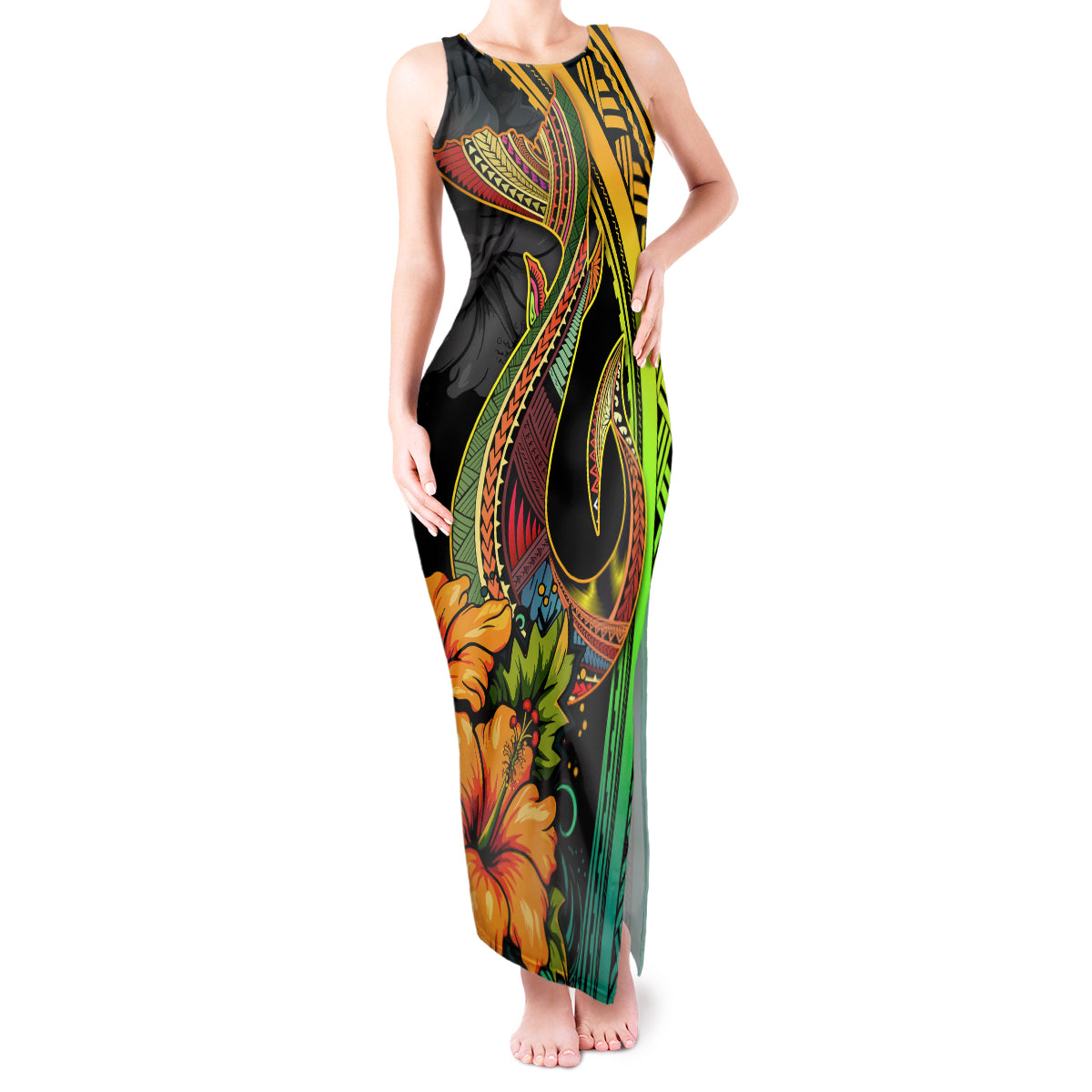 Hawaii Tank Maxi Dress Polynesian Fish Hook and Hibiscus Flowers with Gradient Pattern - Wonder Print Shop