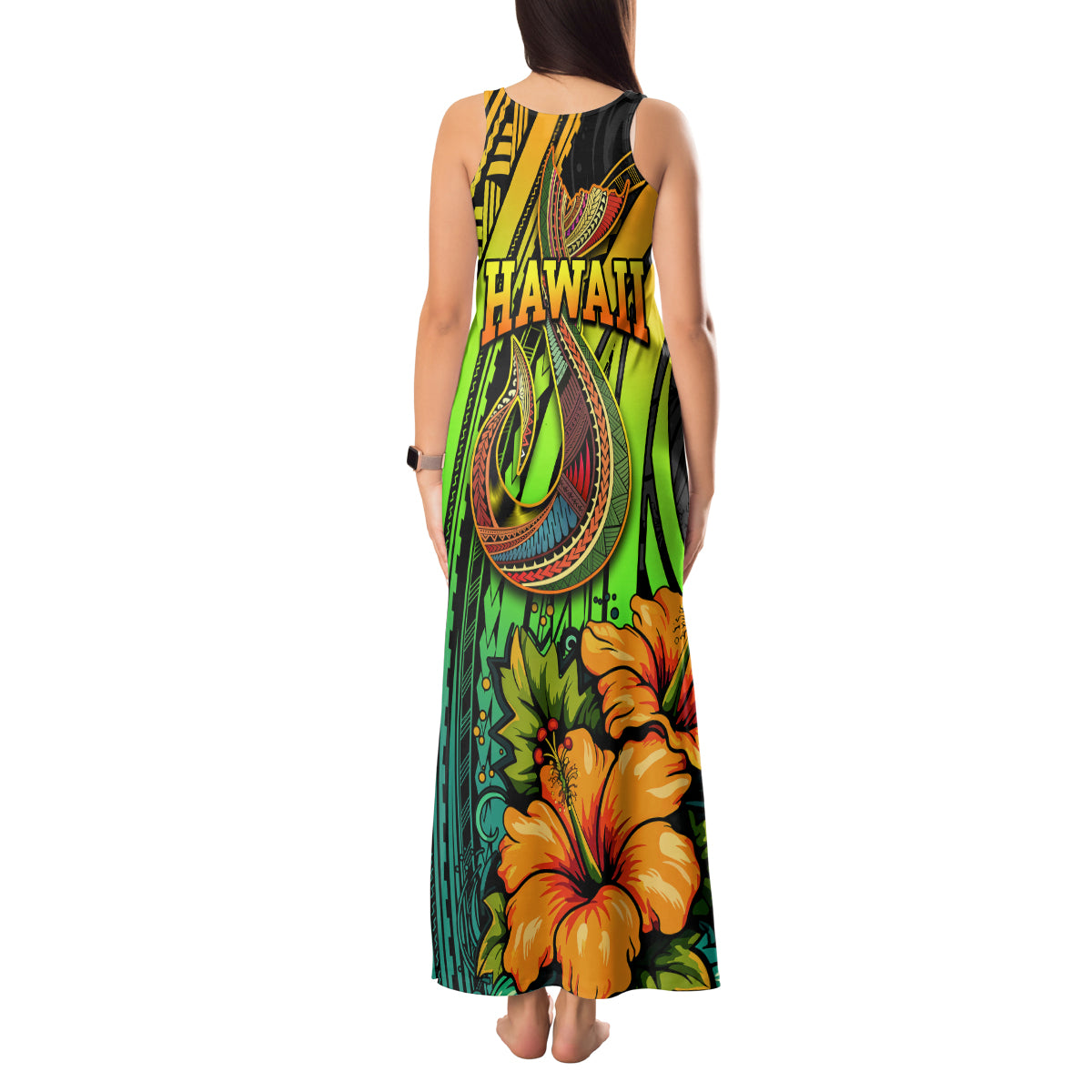 Hawaii Tank Maxi Dress Polynesian Fish Hook and Hibiscus Flowers with Gradient Pattern - Wonder Print Shop