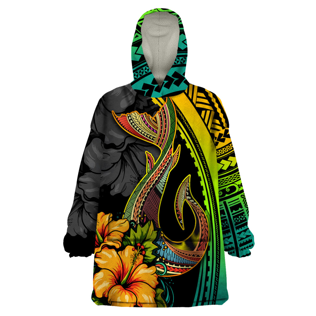 Hawaii Wearable Blanket Hoodie Polynesian Fish Hook and Hibiscus Flowers with Gradient Pattern - Wonder Print Shop