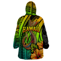 Hawaii Wearable Blanket Hoodie Polynesian Fish Hook and Hibiscus Flowers with Gradient Pattern - Wonder Print Shop