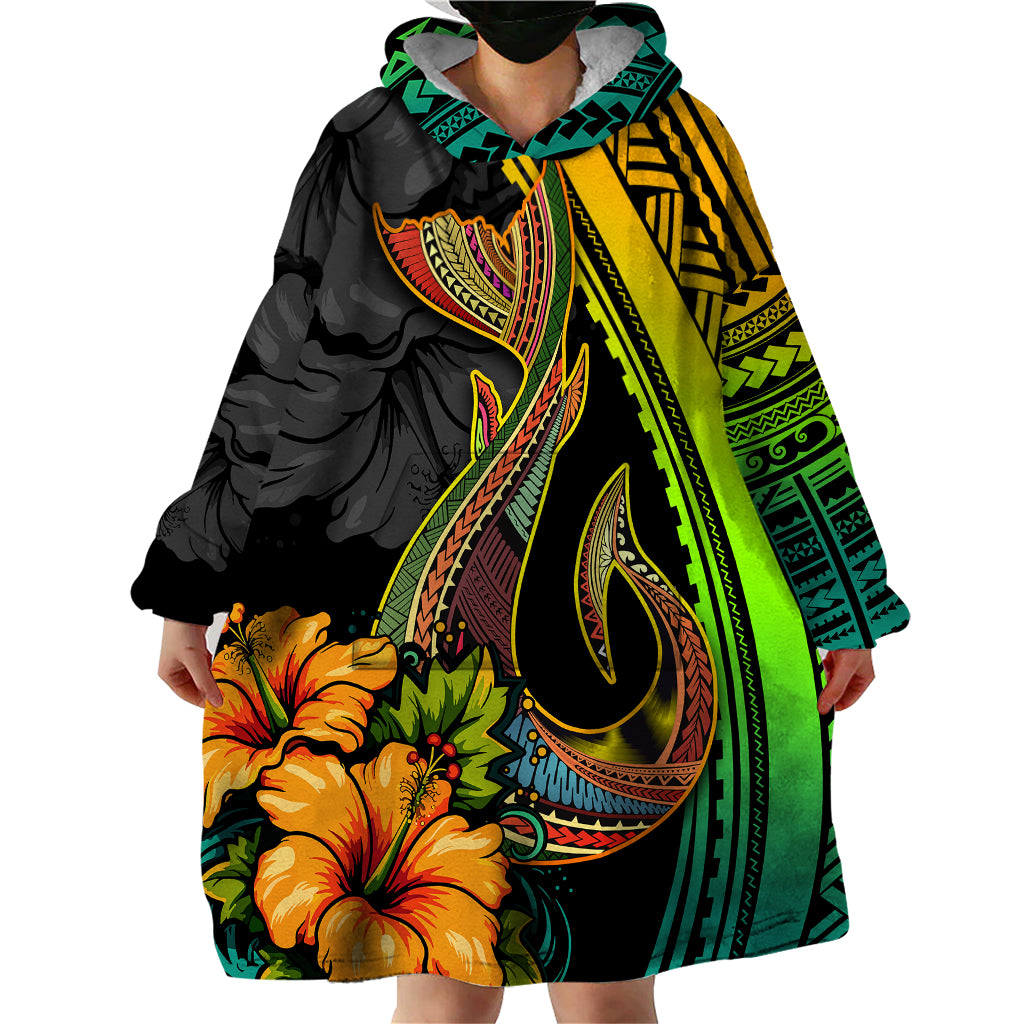Hawaii Wearable Blanket Hoodie Polynesian Fish Hook and Hibiscus Flowers with Gradient Pattern - Wonder Print Shop