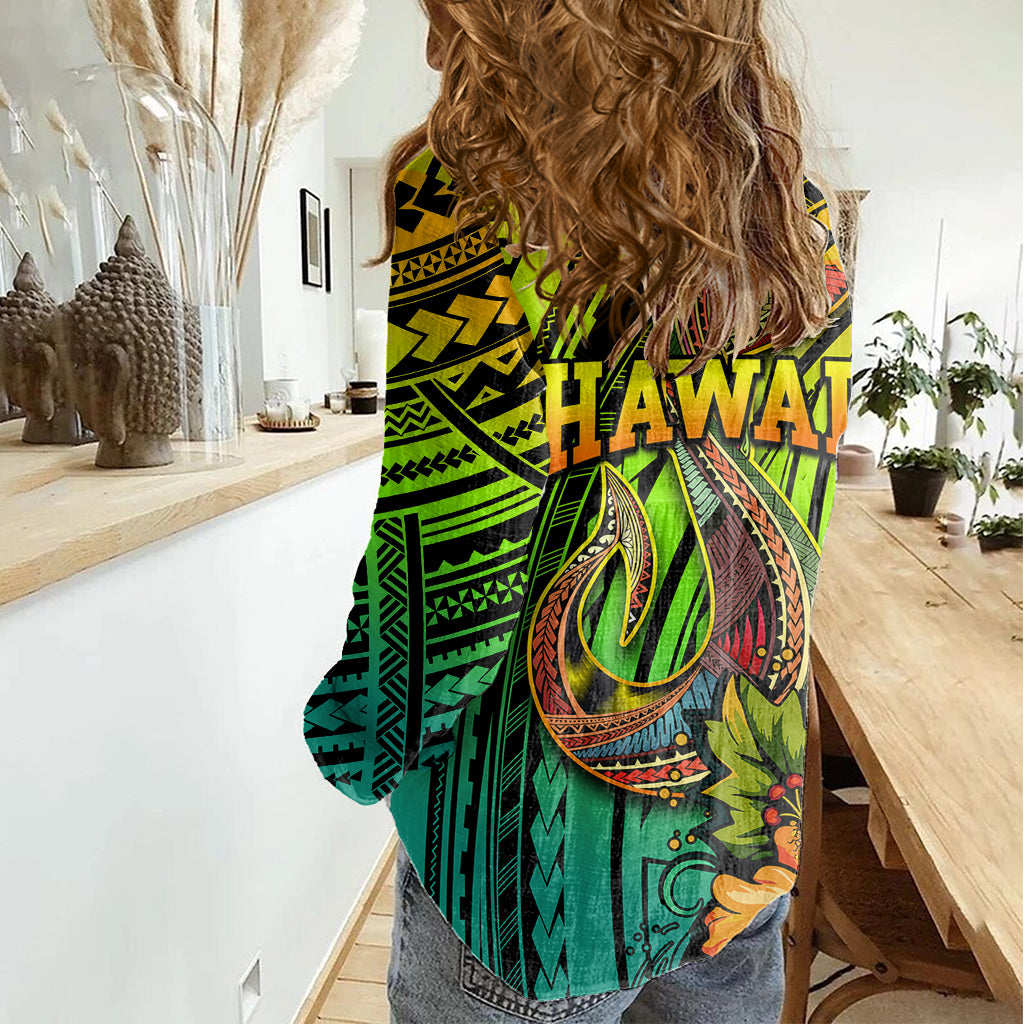 Hawaii Women Casual Shirt Polynesian Fish Hook and Hibiscus Flowers with Gradient Pattern - Wonder Print Shop