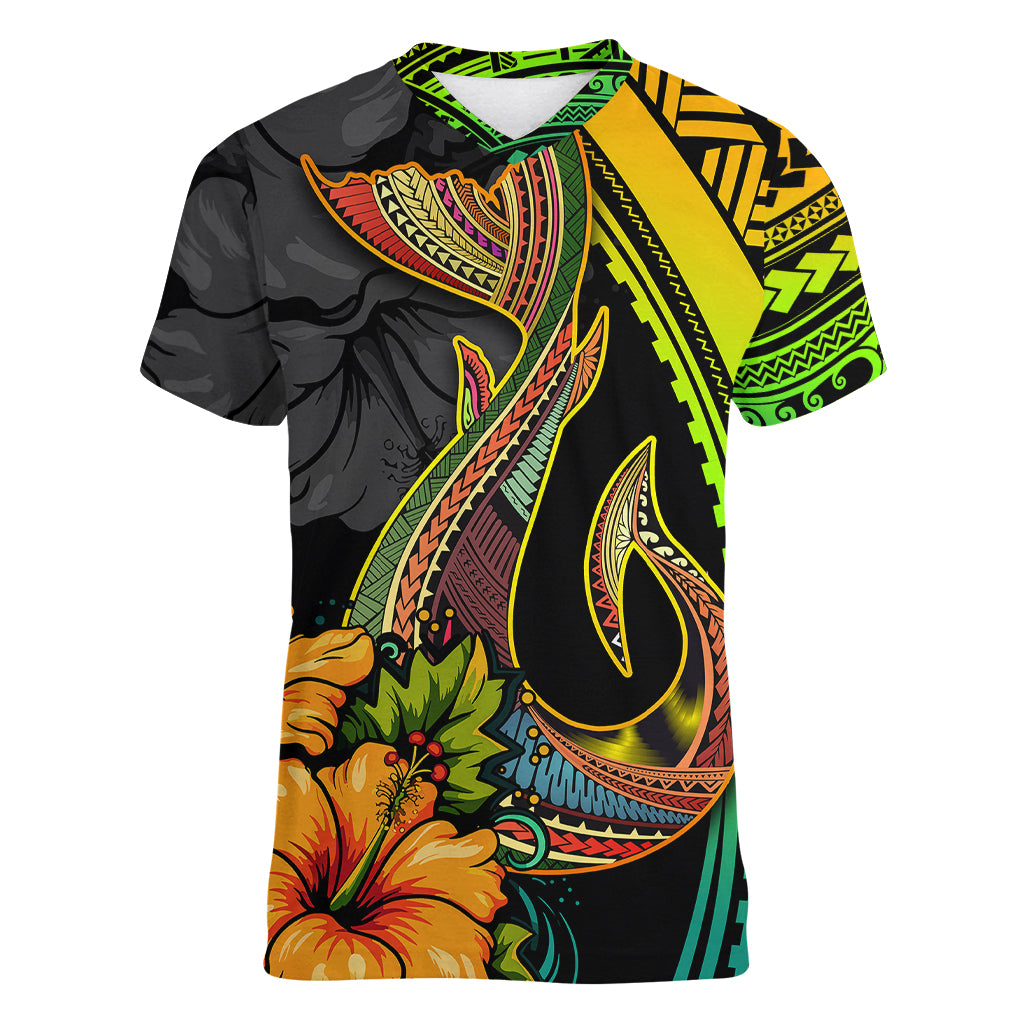 Hawaii Women V Neck T Shirt Polynesian Fish Hook and Hibiscus Flowers with Gradient Pattern - Wonder Print Shop