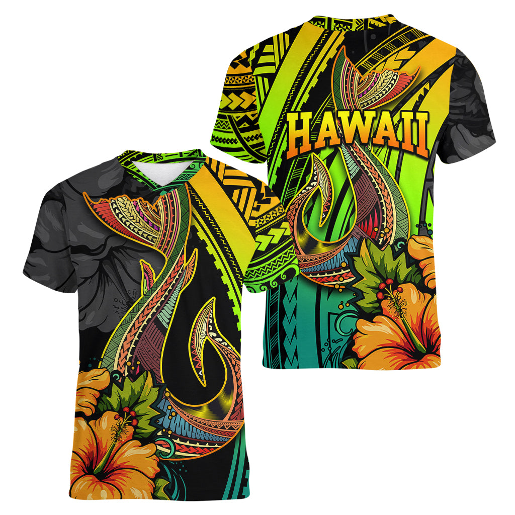 Hawaii Women V Neck T Shirt Polynesian Fish Hook and Hibiscus Flowers with Gradient Pattern - Wonder Print Shop