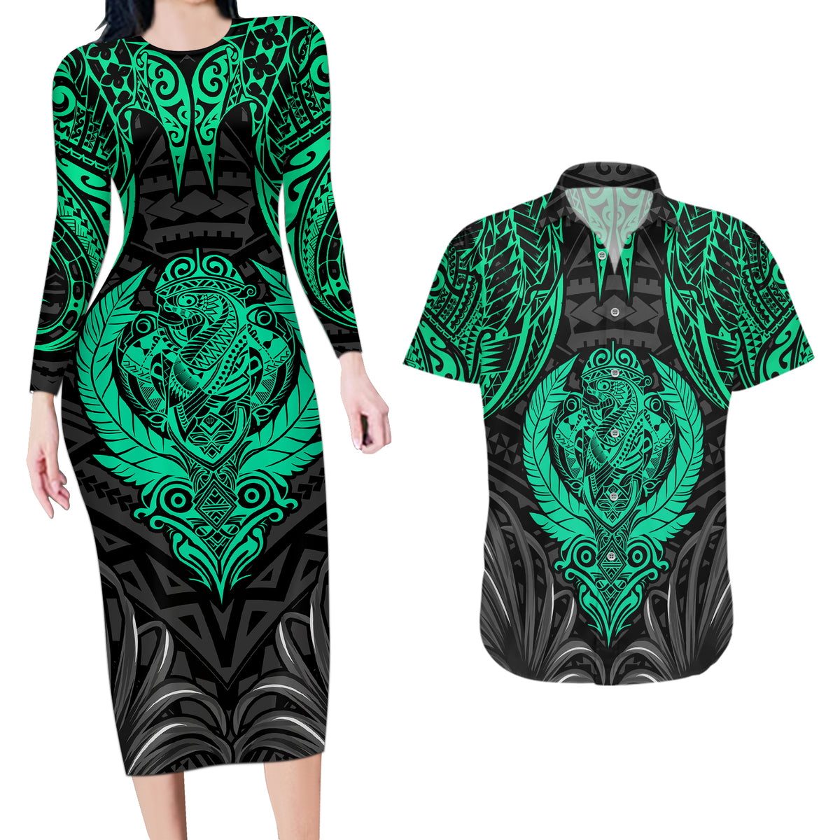 Polynesian Couples Matching Long Sleeve Bodycon Dress and Hawaiian Shirt Abstract Tiki - Wonder Print Shop
