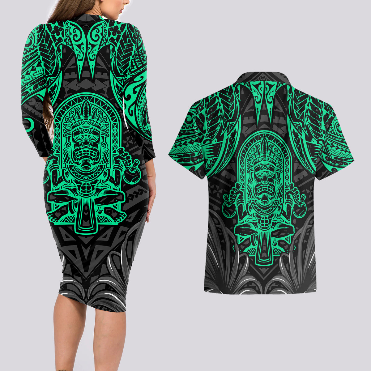 Polynesian Couples Matching Long Sleeve Bodycon Dress and Hawaiian Shirt Abstract Tiki - Wonder Print Shop