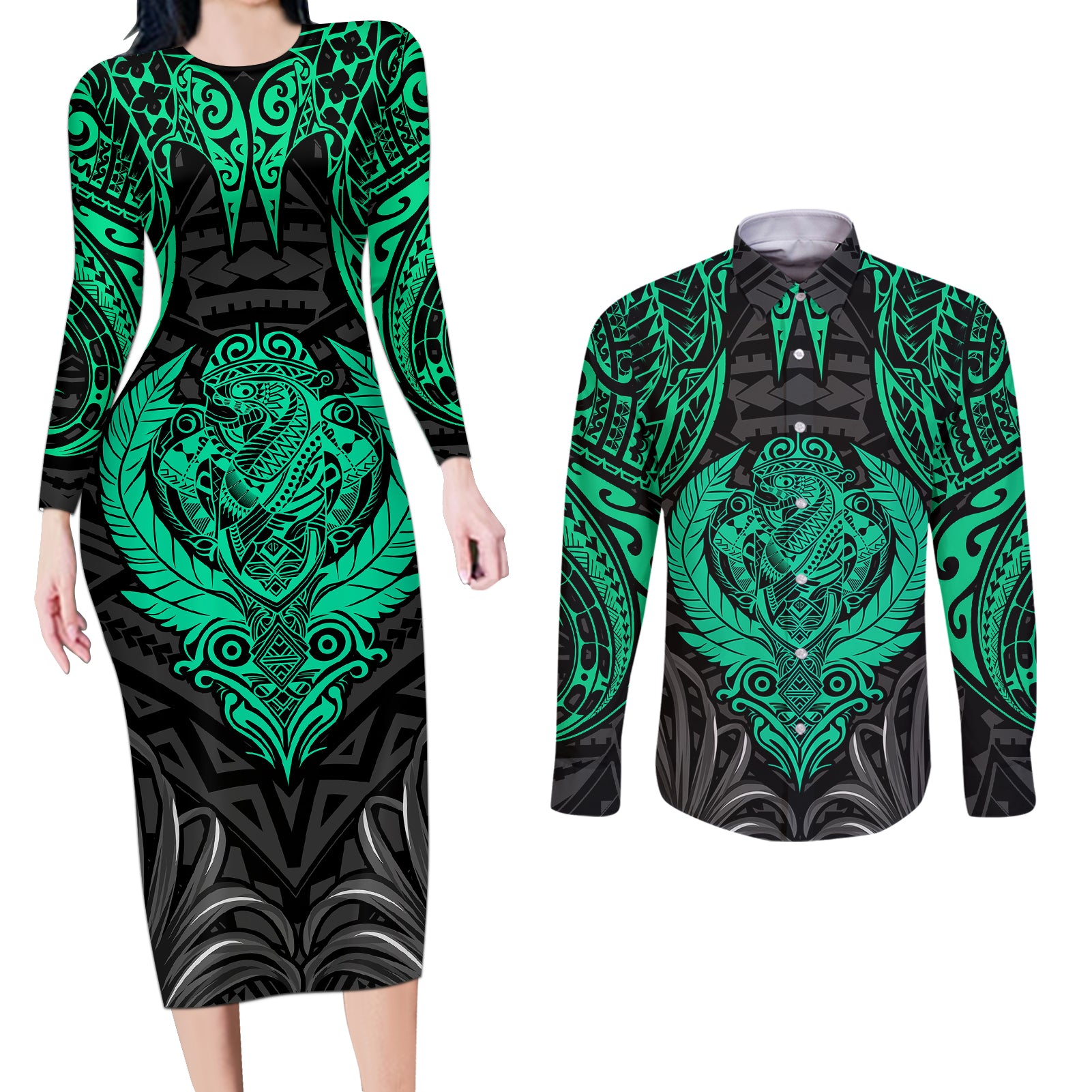 Polynesian Couples Matching Long Sleeve Bodycon Dress and Long Sleeve Button Shirts Abstract Tiki - Wonder Print Shop