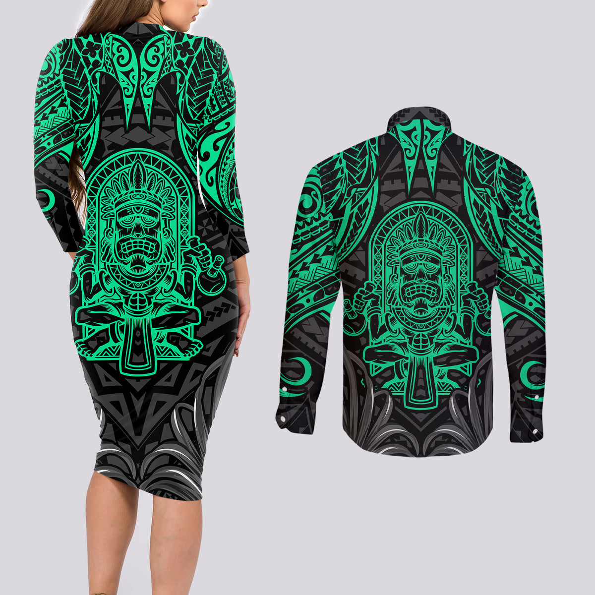 Polynesian Couples Matching Long Sleeve Bodycon Dress and Long Sleeve Button Shirts Abstract Tiki - Wonder Print Shop