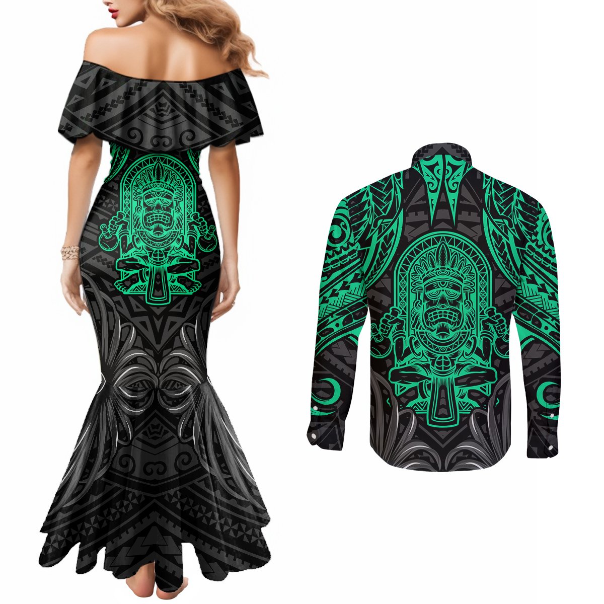 polynesian-couples-matching-mermaid-dress-and-long-sleeve-button-shirts-abstract-tiki
