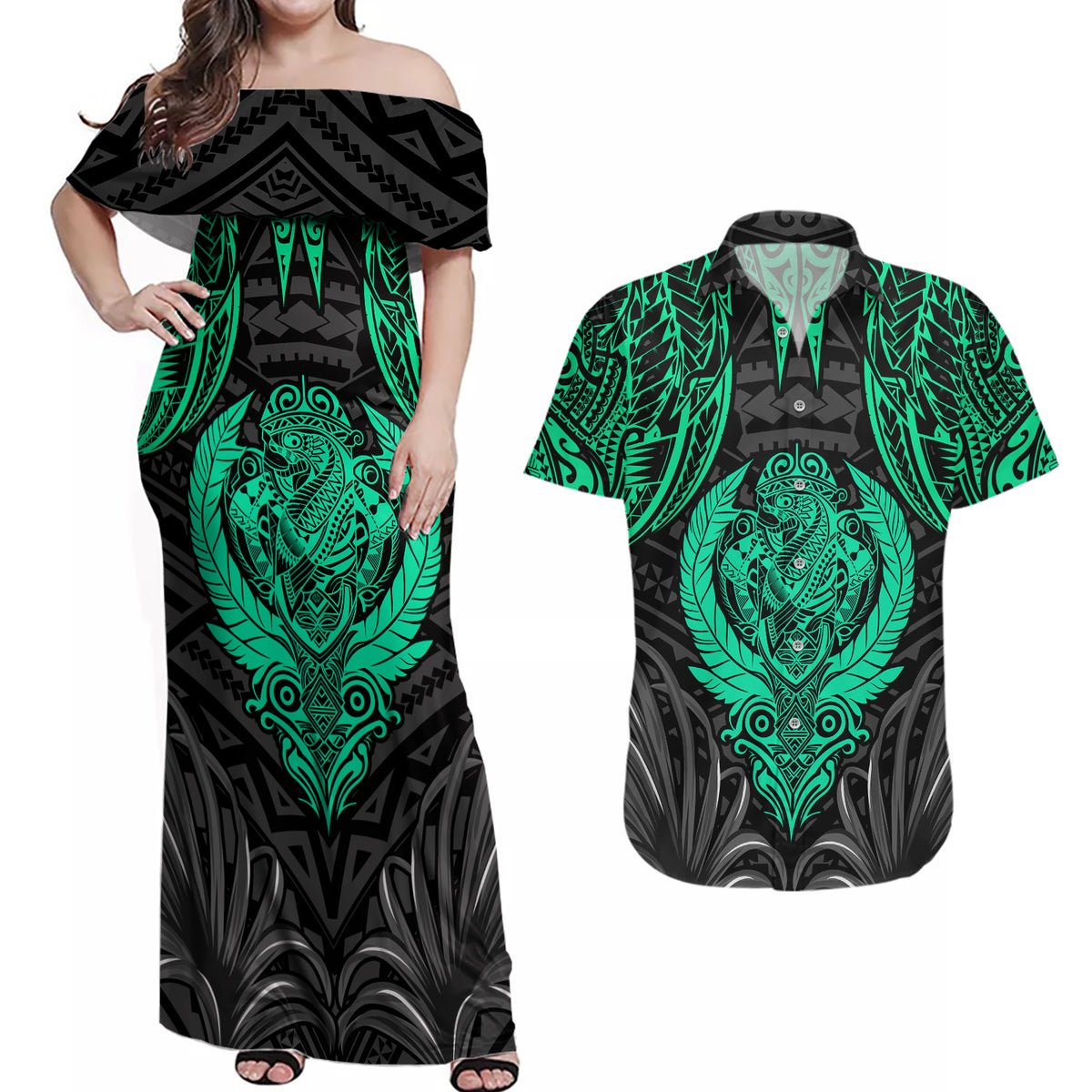 Polynesian Couples Matching Off Shoulder Maxi Dress and Hawaiian Shirt Abstract Tiki - Wonder Print Shop