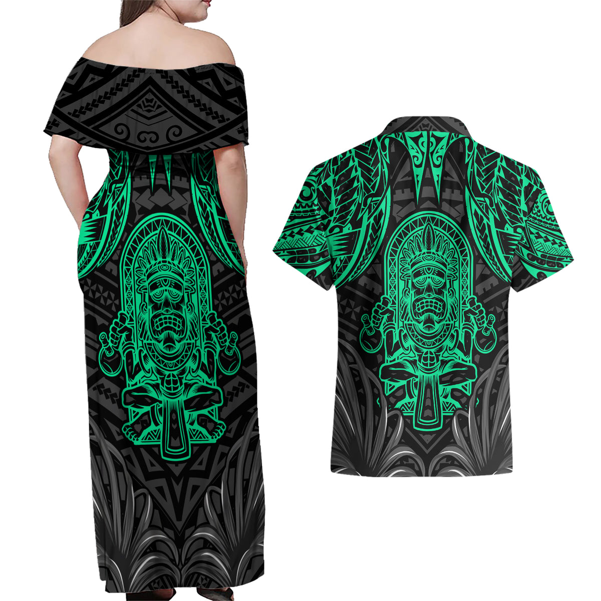 Polynesian Couples Matching Off Shoulder Maxi Dress and Hawaiian Shirt Abstract Tiki - Wonder Print Shop