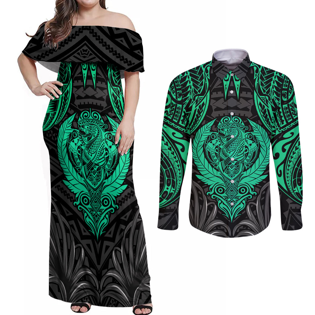 Polynesian Couples Matching Off Shoulder Maxi Dress and Long Sleeve Button Shirts Abstract Tiki - Wonder Print Shop