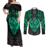 Polynesian Couples Matching Off Shoulder Maxi Dress and Long Sleeve Button Shirts Abstract Tiki - Wonder Print Shop