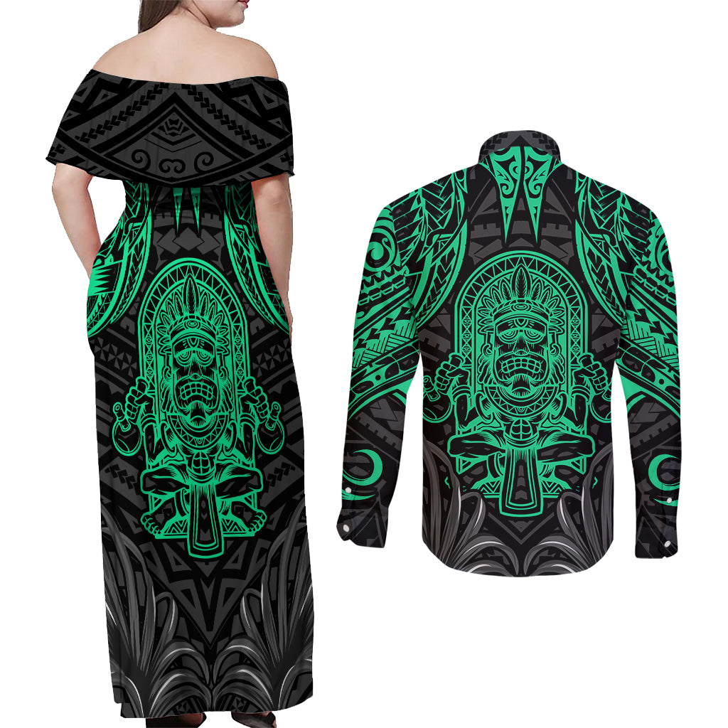 Polynesian Couples Matching Off Shoulder Maxi Dress and Long Sleeve Button Shirts Abstract Tiki - Wonder Print Shop