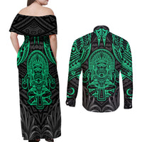Polynesian Couples Matching Off Shoulder Maxi Dress and Long Sleeve Button Shirts Abstract Tiki - Wonder Print Shop