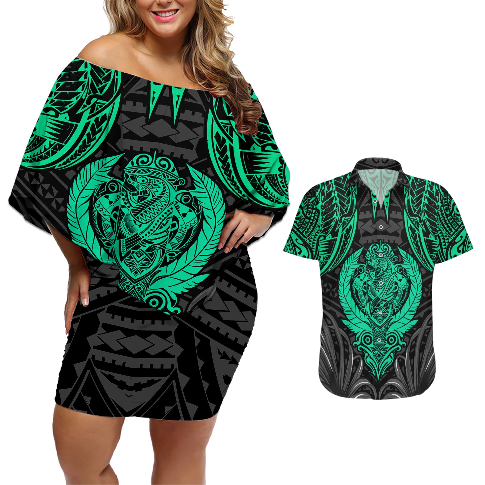 Polynesian Couples Matching Off Shoulder Short Dress and Hawaiian Shirt Abstract Tiki - Wonder Print Shop