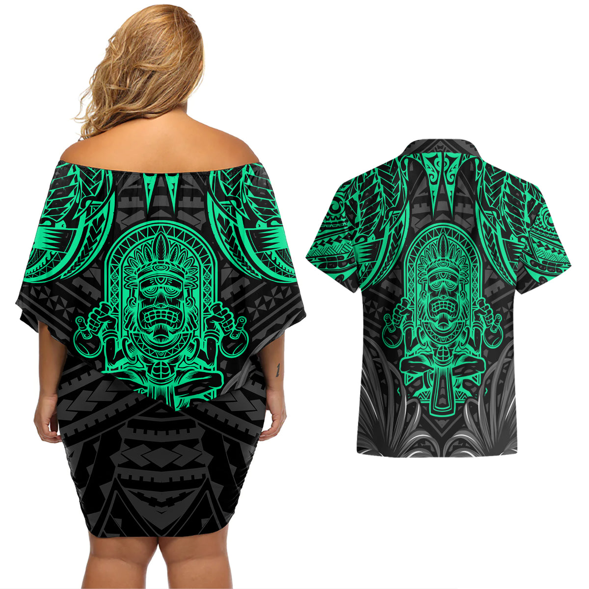 Polynesian Couples Matching Off Shoulder Short Dress and Hawaiian Shirt Abstract Tiki - Wonder Print Shop