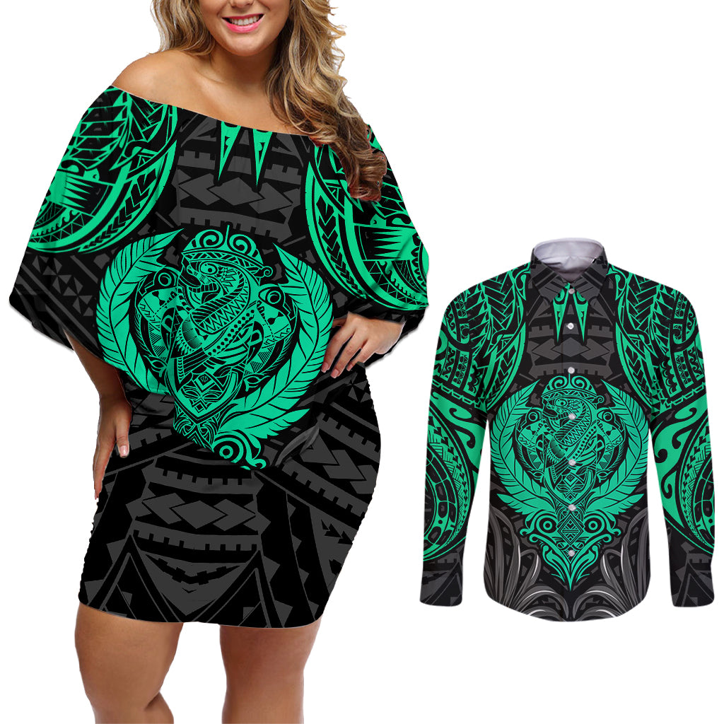 Polynesian Couples Matching Off Shoulder Short Dress and Long Sleeve Button Shirts Abstract Tiki - Wonder Print Shop