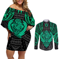 Polynesian Couples Matching Off Shoulder Short Dress and Long Sleeve Button Shirts Abstract Tiki - Wonder Print Shop