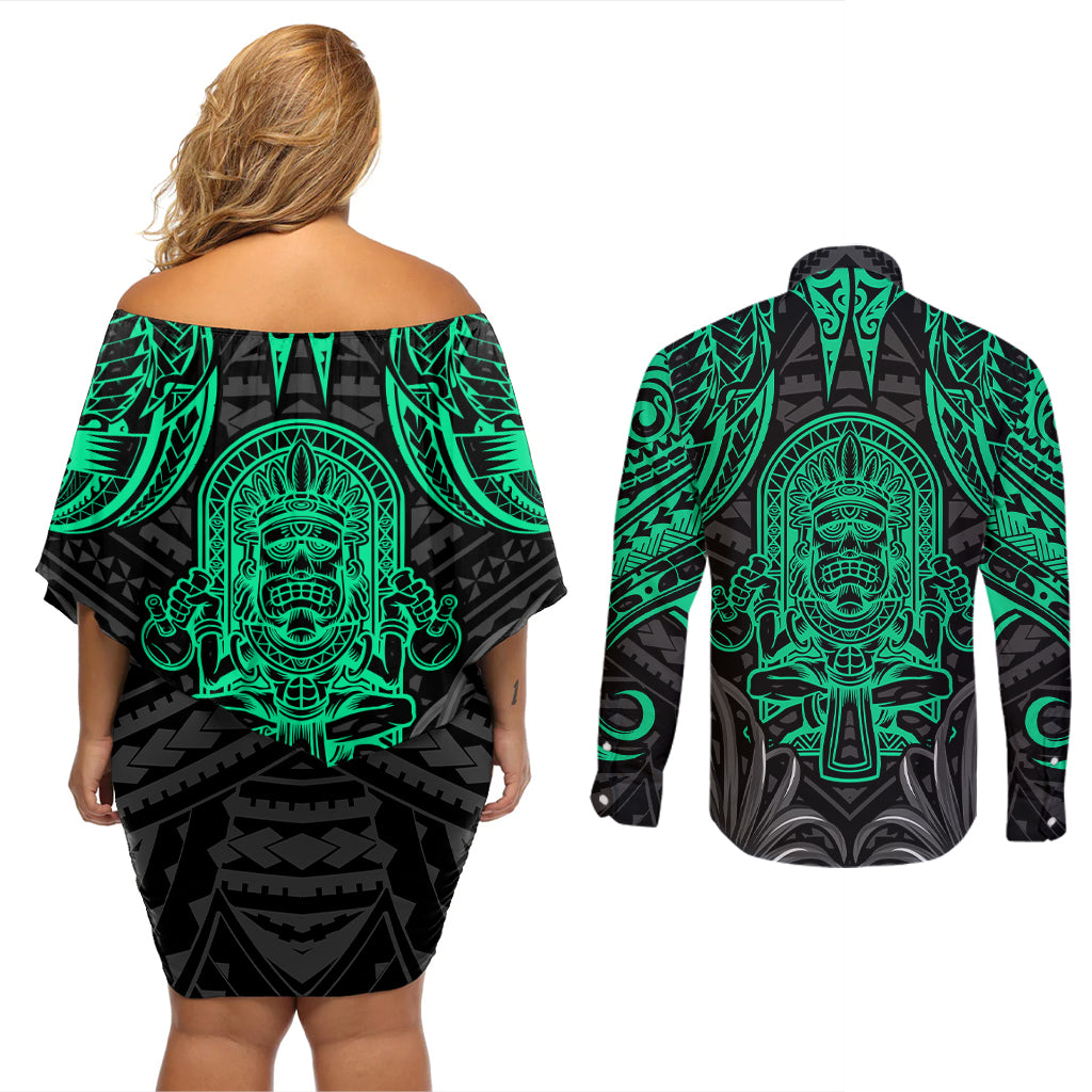Polynesian Couples Matching Off Shoulder Short Dress and Long Sleeve Button Shirts Abstract Tiki - Wonder Print Shop