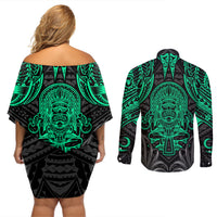 Polynesian Couples Matching Off Shoulder Short Dress and Long Sleeve Button Shirts Abstract Tiki - Wonder Print Shop
