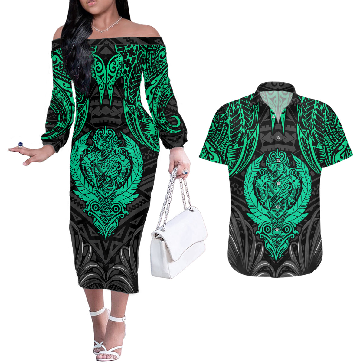 Polynesian Couples Matching Off The Shoulder Long Sleeve Dress and Hawaiian Shirt Abstract Tiki - Wonder Print Shop