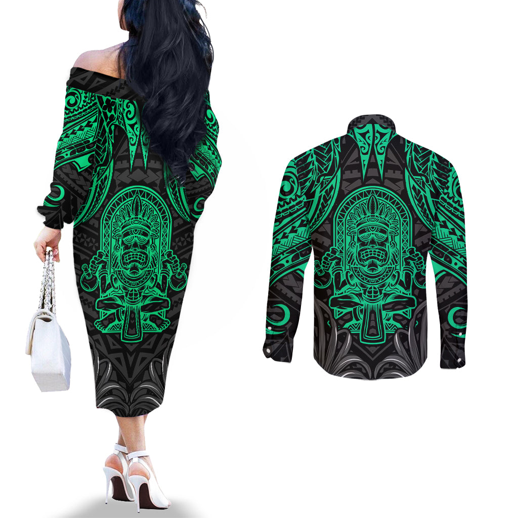 polynesian-couples-matching-off-the-shoulder-long-sleeve-dress-and-long-sleeve-button-shirts-abstract-tiki