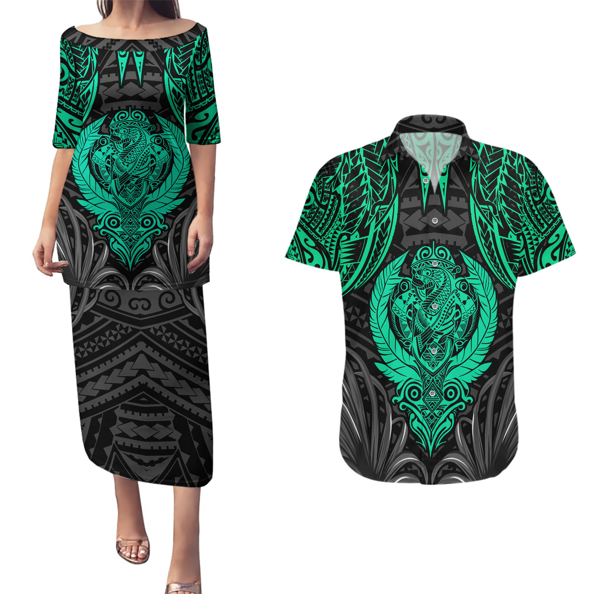 Polynesian Couples Matching Puletasi Dress and Hawaiian Shirt Abstract Tiki - Wonder Print Shop