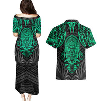 Polynesian Couples Matching Puletasi Dress and Hawaiian Shirt Abstract Tiki - Wonder Print Shop