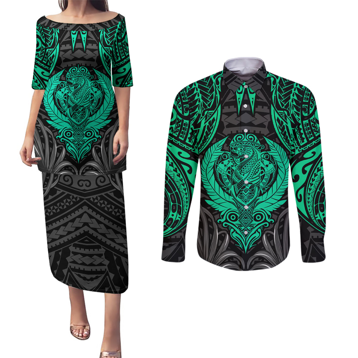 Polynesian Couples Matching Puletasi Dress and Long Sleeve Button Shirts Abstract Tiki - Wonder Print Shop