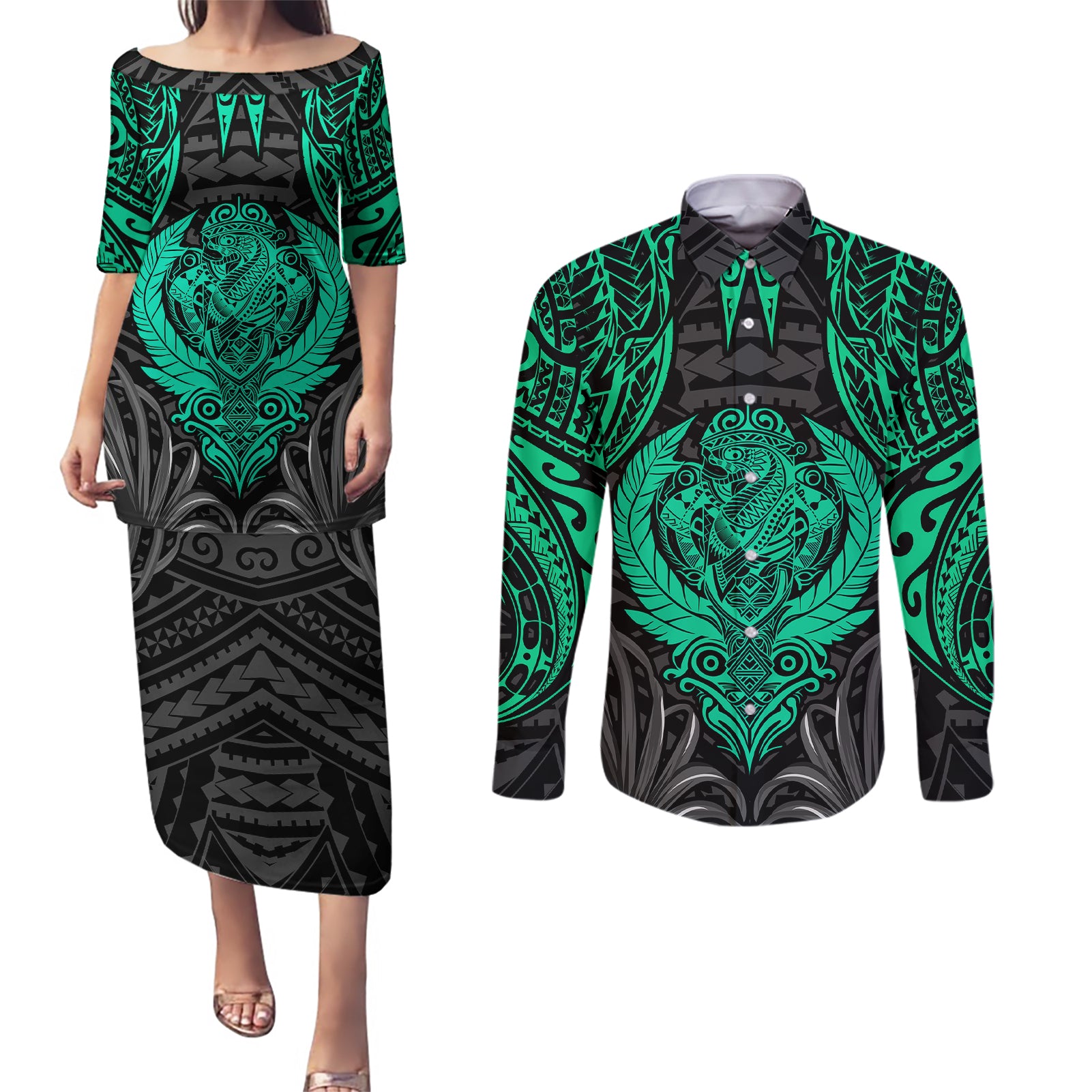 Polynesian Couples Matching Puletasi Dress and Long Sleeve Button Shirts Abstract Tiki - Wonder Print Shop