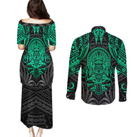 Polynesian Couples Matching Puletasi Dress and Long Sleeve Button Shirts Abstract Tiki - Wonder Print Shop